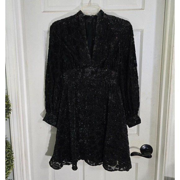 Jayna Vtg  Black Metallic Deep V Neck Party Dress Brocade Bishop Sleeve Size S - Picture 3 of 13